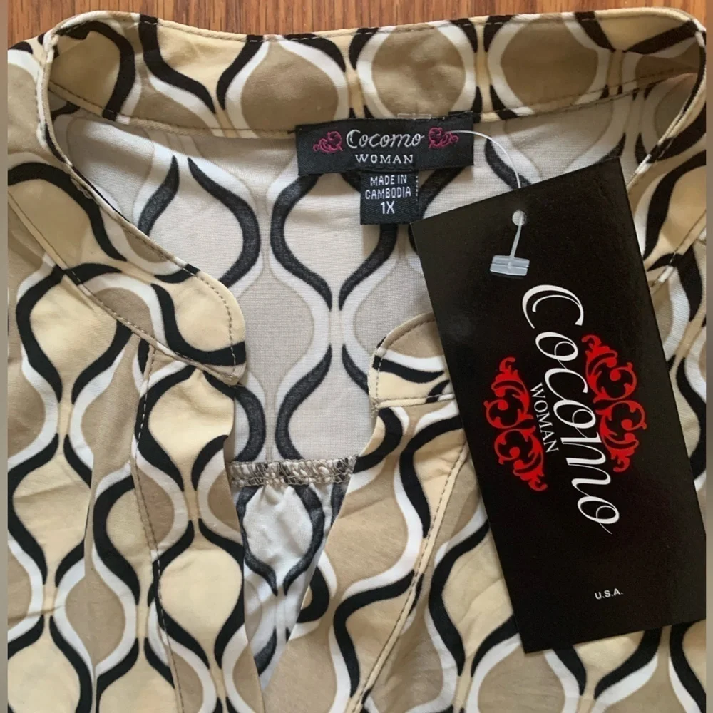 COCOMO 1X Beige Black White Plus Size 3/4 sleeve women's Pintuck Blouse